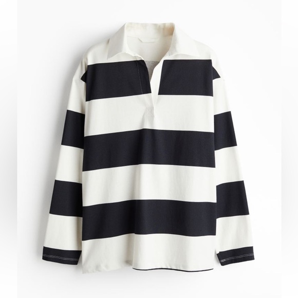 H&M Loose-Fit Polo Shirt Navy Stripe NWT Size Medium - Picture 1 of 10